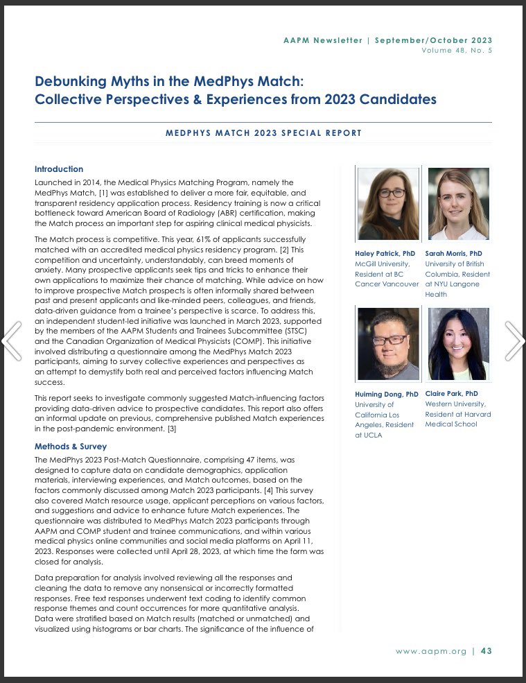 Claire Park (@clairekspark) on Twitter photo Applying to #MedPhys Match 2024? Check out this article showcasing our student-initiated survey results from #Match2023 candidates⚡️
“Debunking Myths in the MedPhys Match: Collective Perspectives & Experiences from 2023 Candidates”
📍issuu.com/aapmdocs/docs/… <a href="/aapmHQ/">American Association of Physicists in Medicine</a> Applying to #MedPhys Match 2024? Check out this article showcasing our student-initiated survey results from #Match2023 candidates⚡️
“Debunking Myths in the MedPhys Match: Collective Perspectives & Experiences from 2023 Candidates”
📍issuu.com/aapmdocs/docs/… <a href="/aapmHQ/">American Association of Physicists in Medicine</a>