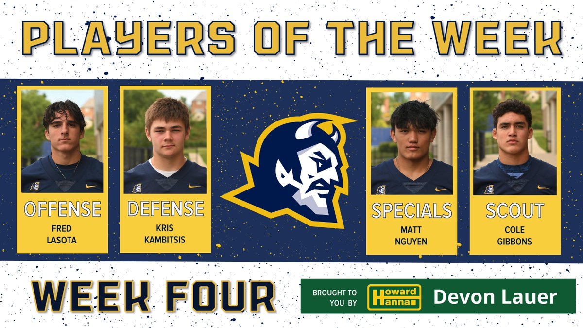 Congrats to our Week 4⃣ Players of the Week:  

➡️Offense: Fred Lasota
➡️Defense: Kris Kambitsis
➡️Special Teams: Matt Nguyen
➡️Scout: Cole Gibbons

Brought to you by Devon Lauer of Howard Hanna. Learn more at devonlauer.howardhanna.com➡️➡️