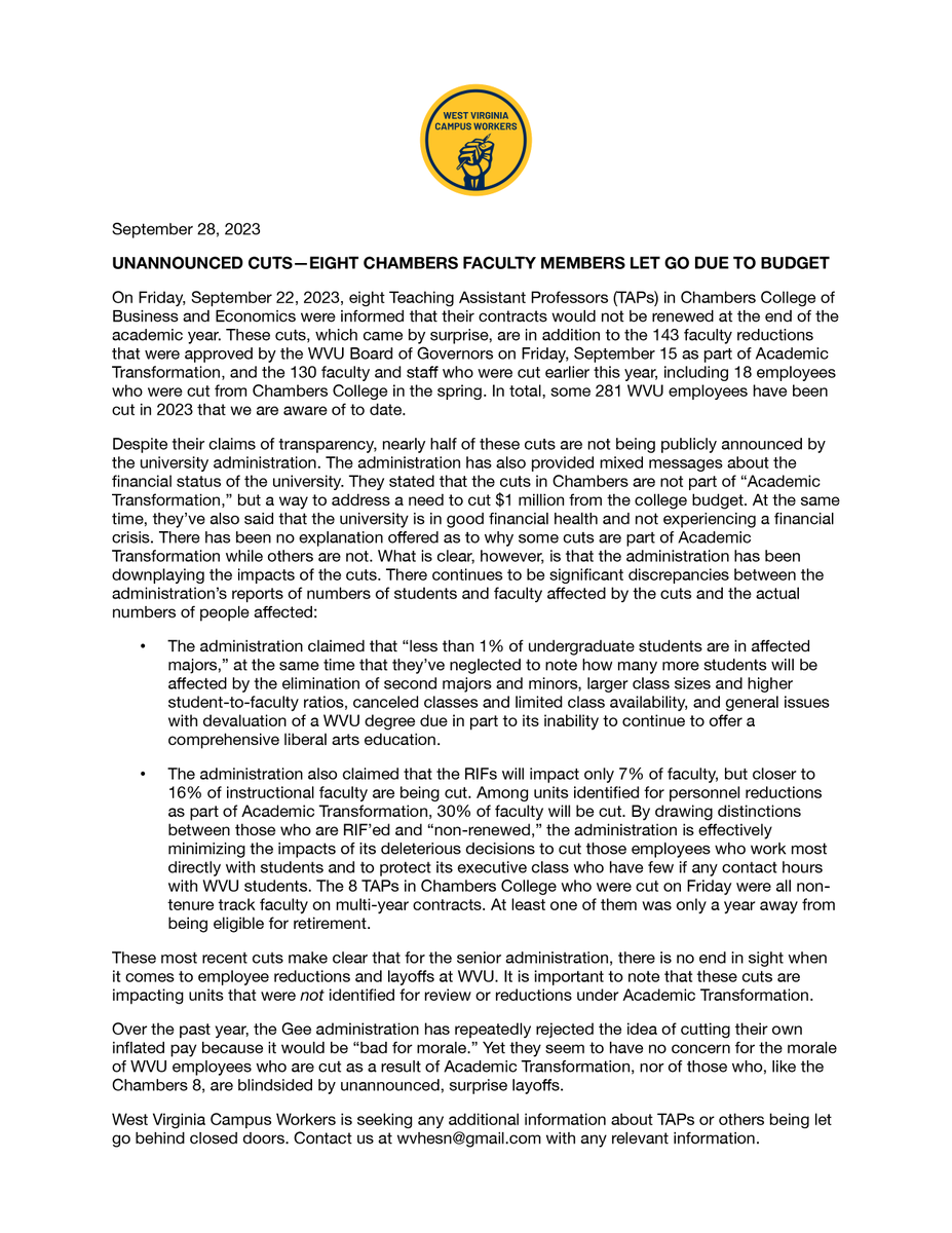 WVCampusWorkers's tweet photo. WVCW Responds to Unannounced Cuts—8 Chambers Faculty Members Let Go Due to Budget
"These cuts are impacting units that were not identified for review or reductions under Academic Transformation."
"In total, 281 WVU employees have been cut in 2023 that we are aware of." #SaveWVU https://t.co/abI5HwAj6r