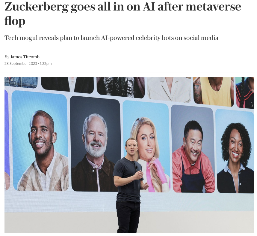 wallstmemes's tweet photo. Ah yes Ai powered celeb bots is just what we need Zuck! https://t.co/iSG6VOBPUs