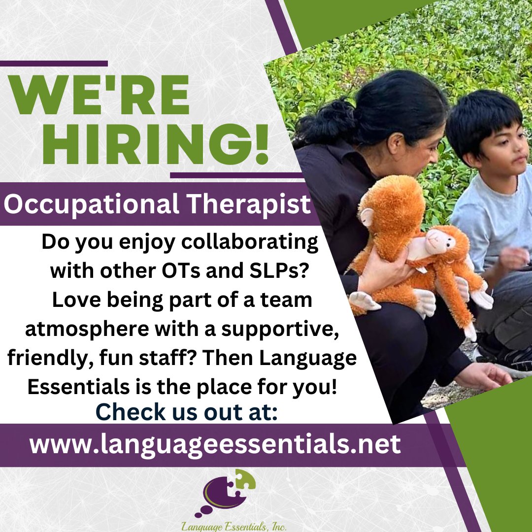 Speech_LE's tweet image. Are you, or someone you know looking for a job as an Occupational Therapist? Our Tracy office is the place for you! To apply, please send a resume to jobs@languageessentials.net #languageessentials #LE #OT #occupationaltherapist #joinourteam #wearehiring #LEfamily