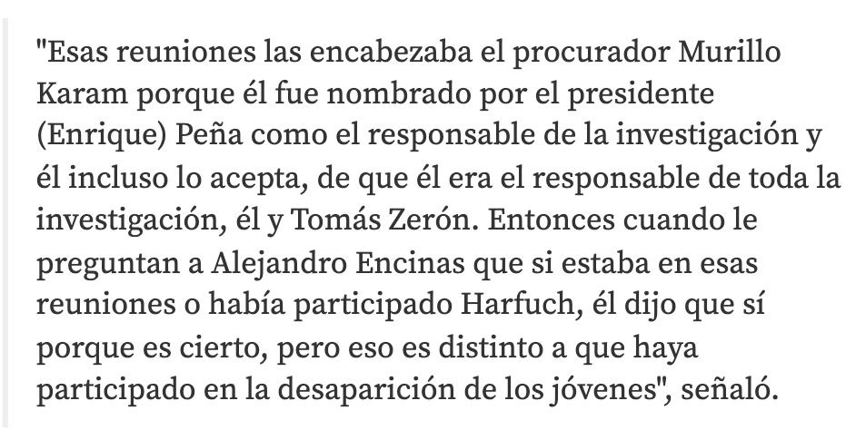 temoris's tweet photo. Quedó establecido que @OHarfuch Omar García Harfuch participó en las reuniones en las que distintas autoridades se coordinaron no para buscar urgentemente a los 43 jóvenes desaparecidos, sino para cerrar el caso #Ayotzinapa fabricando la mentira histórica, 𝐚𝐮𝐧𝐪𝐮𝐞 𝐞́𝐥 𝐦𝐢𝐧𝐭𝐢𝐨́ 𝐚𝐥 𝐧𝐞𝐠𝐚𝐫𝐥𝐨.

Dice AMLO que "no hay nada más que la participación en esas reuniones".

¿Nada más?

¿𝐍𝐨 𝐞𝐬 𝐬𝐮𝐟𝐢𝐜𝐢𝐞𝐧𝐭𝐞𝐦𝐞𝐧𝐭𝐞 𝐠𝐫𝐚𝐯𝐞 𝐪𝐮𝐞 𝐡𝐚𝐲𝐚 𝐩𝐚𝐫𝐭𝐢𝐜𝐢𝐩𝐚𝐝𝐨 𝐞𝐧 𝐞𝐥𝐥𝐚𝐬, 𝐪𝐮𝐞 𝐧𝐨 𝐬𝐞 𝐬𝐚𝐛𝐞 𝐪𝐮𝐞́ 𝐡𝐢𝐳𝐨 𝐞𝐧 𝐞𝐥𝐥𝐚𝐬, 𝐪𝐮𝐞 𝐧𝐨 𝐥𝐚𝐬 𝐝𝐞𝐧𝐮𝐧𝐜𝐢𝐨́?

¿No es suficientemente grave que todavía hoy, y a pesar del escándalo, no haya contado lo que pasó en ellas?

Por ejemplo, cómo planearon el montaje, quiénes dijeron qué, a qué se comprometieron, qué recursos involucraron...

No hacía falta que Harfuch interviniera teléfonos.

𝐄𝐥 𝐩𝐫𝐞𝐬𝐢𝐝𝐞𝐧𝐭𝐞 𝐝𝐞𝐛𝐞𝐫𝐢́𝐚 𝐞𝐱𝐢𝐠𝐢𝐫𝐥𝐞 𝐪𝐮𝐞 𝐝𝐢𝐠𝐚 𝐭𝐨𝐝𝐨 𝐥𝐨 𝐪𝐮𝐞 𝐬𝐚𝐛𝐞 𝐝𝐞 𝐞𝐬𝐭𝐚𝐬 𝐫𝐞𝐮𝐧𝐢𝐨𝐧𝐞𝐬 -incluyendo sus intervenciones pero no solo eso-, 𝐜𝐨𝐦𝐨 𝐫𝐞𝐪𝐮𝐢𝐬𝐢𝐭𝐨 𝐢𝐧𝐝𝐢𝐬𝐩𝐞𝐧𝐬𝐚𝐛𝐥𝐞 𝐩𝐚𝐫𝐚 𝐚𝐬𝐩𝐢𝐫𝐚𝐫 𝐚 𝐜𝐮𝐚𝐥𝐪𝐮𝐢𝐞𝐫 𝐜𝐚𝐧𝐝𝐢𝐝𝐚𝐭𝐮𝐫𝐚 𝐝𝐞 𝐌𝐨𝐫𝐞𝐧𝐚.

Porque Harfuch fue participante en la planeación de un enorme crimen de Estado para ocultar el crimen contra la humanidad más grave de la historia reciente de México.

𝐘 𝐬𝐢𝐞𝐦𝐩𝐫𝐞 𝐡𝐚 𝐜𝐚𝐥𝐥𝐚𝐝𝐨 𝐜𝐨𝐦𝐨 𝐜𝐨́𝐦𝐩𝐥𝐢𝐜𝐞 𝐥𝐨 𝐪𝐮𝐞 𝐩𝐚𝐬𝐨́ 𝐚𝐡𝐢́.

***

(Harfuch todavía no ha contestado mis 11 preguntas: https://t.co/Kz9G7U6OBi)