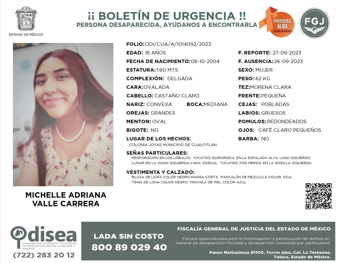 QuePocaMadre_Mx's tweet photo. #URGENTE‼️ BUSCAN A JOVEN DESAPARECIDA EN #Cuautitlán 🔎🚨

Ayúdanos a compartir por favor la #AlertaAmber de MICHELLE ADRIANA VALLE CARRERA, de 18 años de edad, desaparecida en la Col. en Joyas de Cuautitlán, municipio de Cuautitlán, #Edomex, desde el 26 de septiembre de 2023. https://t.co/UR63rojrHF