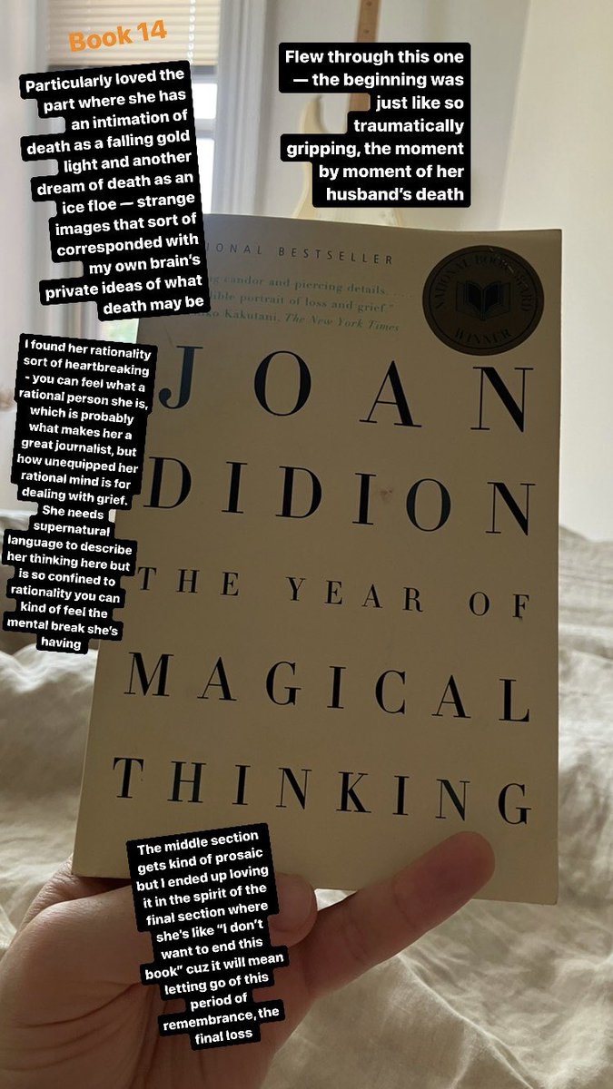 Book 14 I realized I’m tweeting these into the public eye mostly to remember the number, because my insta stories go away, but they’re not really communicating with anyone: maybe you are reading them : maybe not : the reason is so I can go back & remember what it was I just read