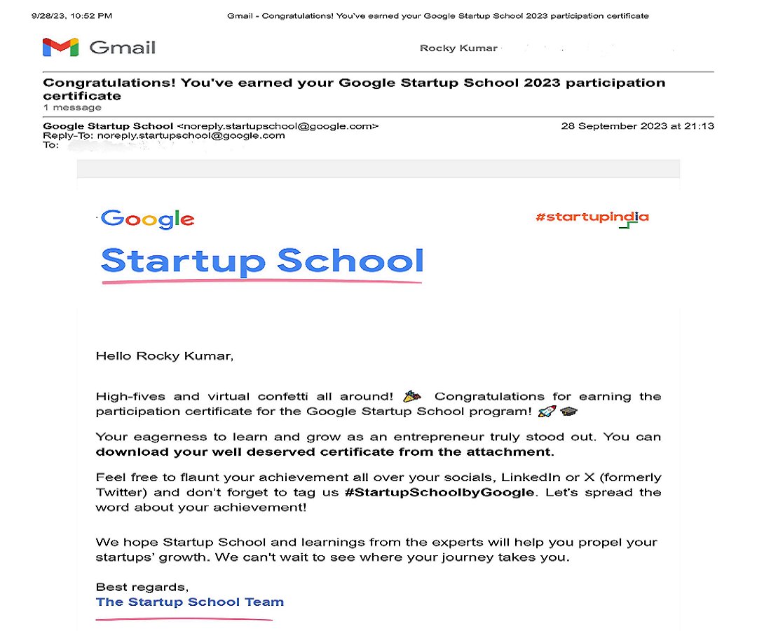 Rocky Kumar (@rockygupta01) on Twitter photo 🚀🎓Exciting news alert! 🔥 Just received my certificate of participation from the Google Startup School program! Thank you to their amazing team for this opportunity to learn and grow as an entrepreneur. #StartupSchoolbyGoogle #Entrepreneurship <a href="/GoogleStartups/">Google for Startups</a> <a href="/startupindia/">Startup India</a> 🚀🎓Exciting news alert! 🔥 Just received my certificate of participation from the Google Startup School program! Thank you to their amazing team for this opportunity to learn and grow as an entrepreneur. #StartupSchoolbyGoogle #Entrepreneurship <a href="/GoogleStartups/">Google for Startups</a> <a href="/startupindia/">Startup India</a>
