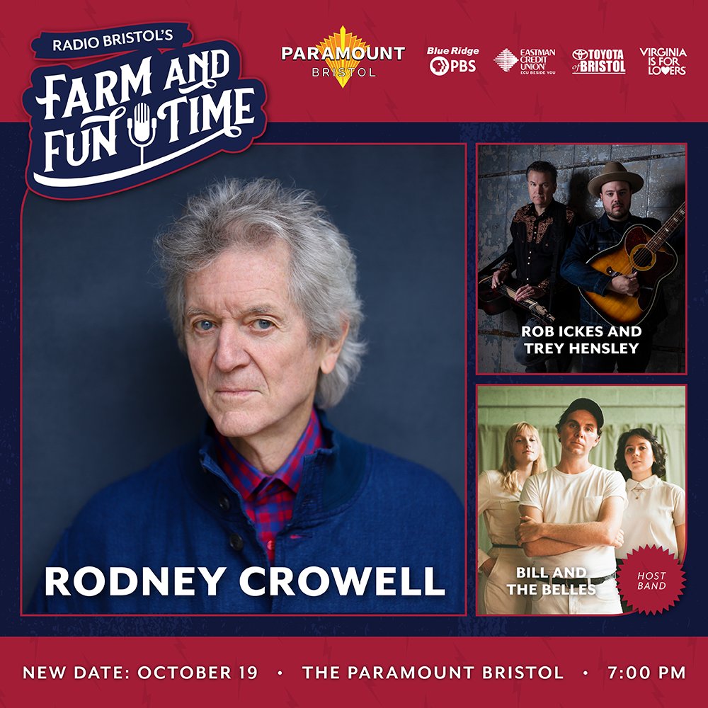 Our next BIG @wbcmradio Farm and Fun Time show is on October 19th and features @RodneyJCrowell, @RobandTreymusic, and @BillandBelles! Tickets here: bit.ly/3riIYnG Don't miss out! #rodneycrowell #robandtrey #robickes #treyhensley #billandthebelles