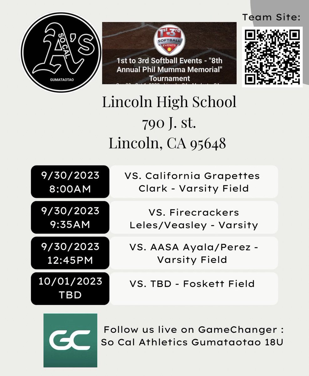 SCAs_Gumataotao's tweet photo. Here is our schedule for the Phil Mumma Memorial tournament this weekend in Lincoln, CA. Follow us in GameChanger - So Cal Athletics Gumataotao 18U. @CoachKiSoCalAs @CoachAmanda03 @SoCalAsOrg @PGFnetwork @TopPreps https://t.co/aw8zRcG4Hz