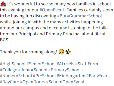 BuryGrammar's tweet photo. ๐ซ Thank you for coming along! ๐โจ
#HighSchool #SeniorSchool #ALevels #SixthForm #College #JuniorSchool #PrimarySchools #NurserySchool #PreSchool #Kindergarten #EarlyYears #DayCare #OpenDoors #SchoolOpenEvent https://t.co/ZC6kFzxneG