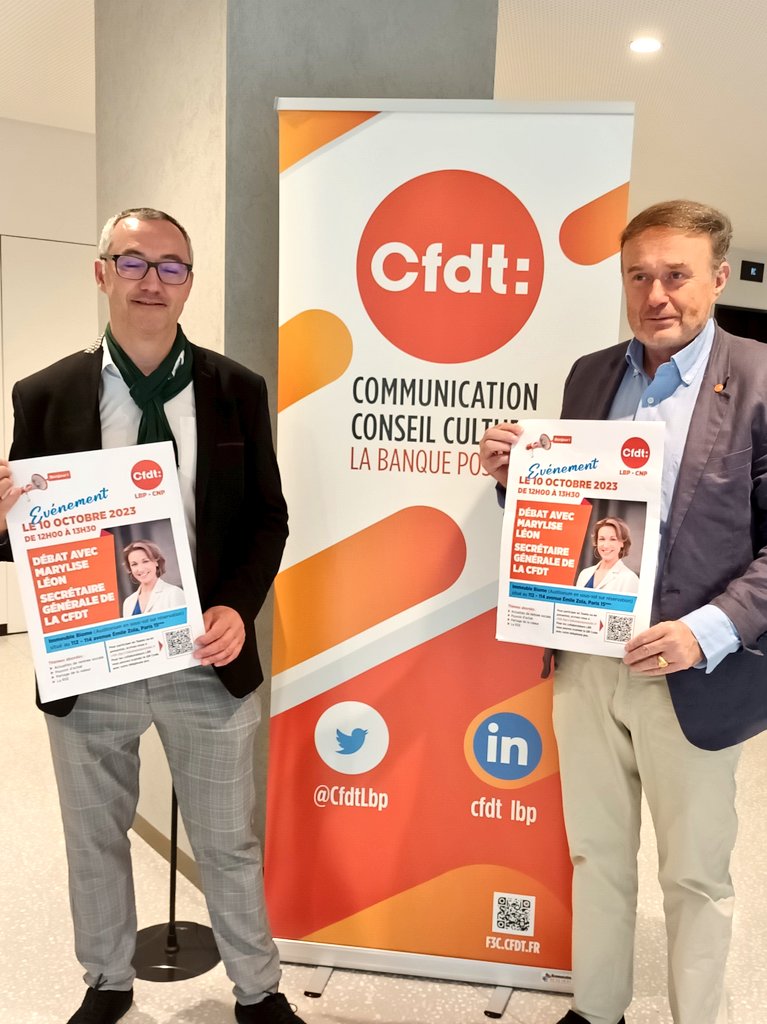 Les élus <a href="/CFDT/">CFDT</a> de La Banque Postale et de CNP sont heureux d'accueillir leurs collègues pour un débat avec <a href="/MaryliseLeon/">Marylise Léon</a> mardi 10 octobre ! Cette semaine et la semaine prochaine, opérations de tractages pour annoncer l'événement !