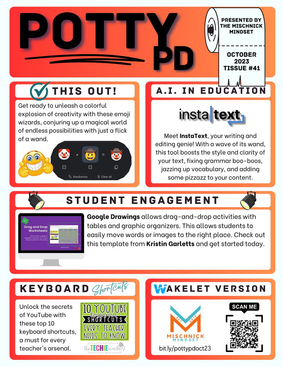 The NEW issue of #PottyPD Tissue 41, October 2023 presented by #TheMischnickMindset is now available on <a href="/wakelet/">Wakelet 💙</a> and designed using <a href="/canva/">Canva</a>

Shoutout to <a href="/JGTechieTeacher/">Julie Smith, The Techie Teacher®</a> and @KristinGarletts 
for their amazing resources.
wakelet.com/wake/EUMr5NaOH…