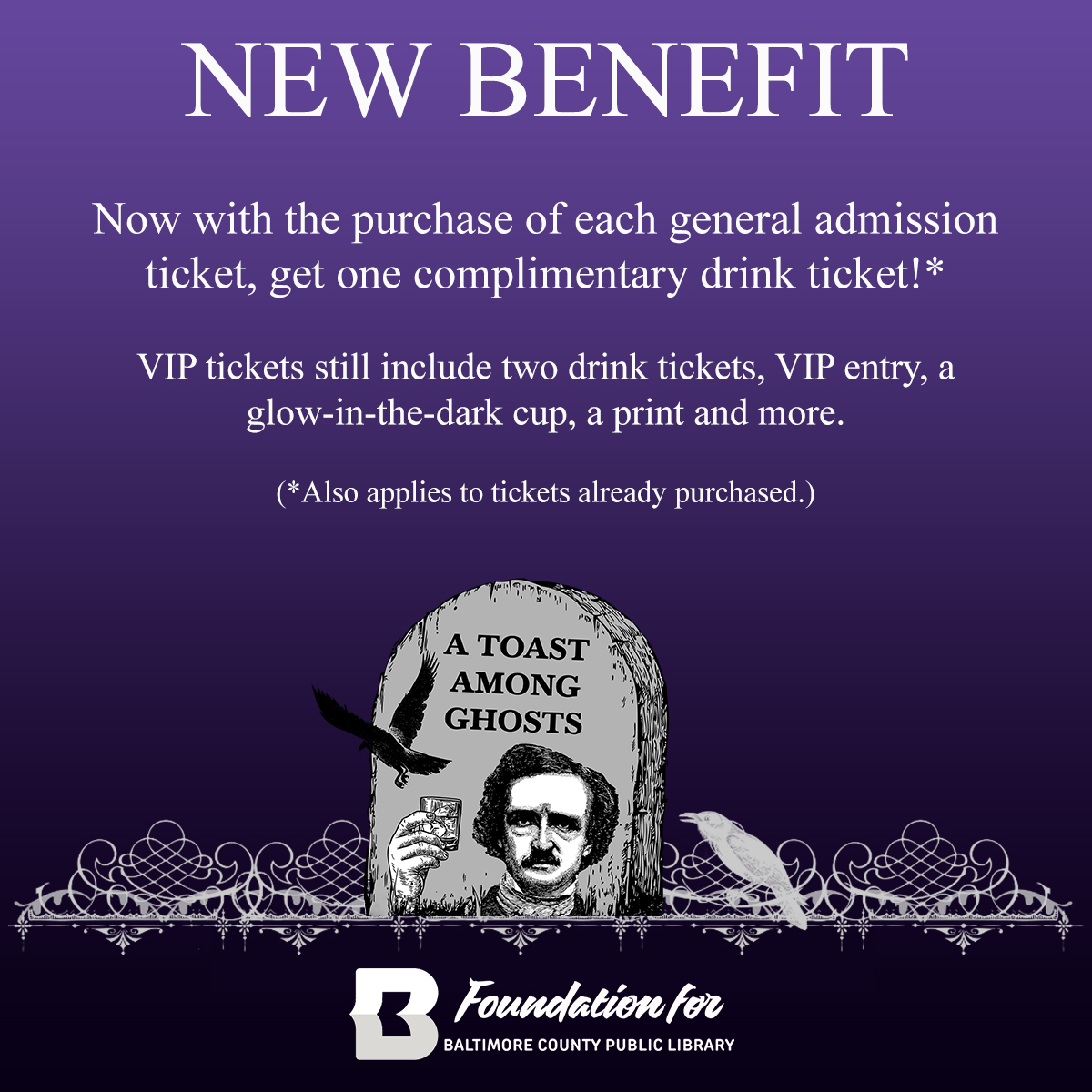 Foundation4BCPL's tweet photo. Just announced! Get 1 drink ticket with every general admission ticket to A Toast Among Ghosts (including those who have already purchased tickets). VIP tickets still receives 2 drink tickets, a glow-in-the-dark cup,  a print and more. https://t.co/asELM7cHAT https://t.co/v3gQ8d2lBl
