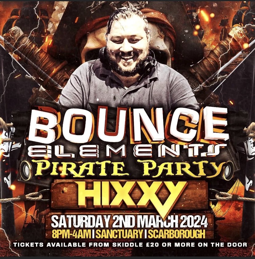 We welcome the legend that is <a href="/HixxyUK/">Hixxy</a> to our pirate party event on Saturday 2nd March 2024! Tickets available now via <a href="/skiddle/">Skiddle</a> #bounceelements