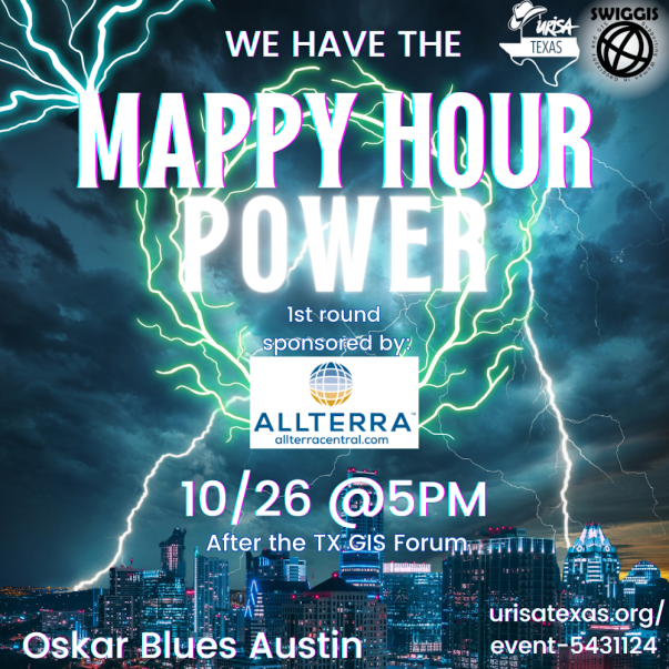1 WEEK AWAY! Join <a href="/URISATexas/">GPN Texas</a>  &amp; <a href="/SWIGGISAustin/">SWIGGIS Austin</a>  for an epic Mappy Hour after the <a href="/TNRIS/">TNRIS</a> #TexasGISforum in #Austin on 10/26 <a href="/5pm/">5pm.co.uk</a> <a href="/oskarblues/">Oskar Blues Brewery</a> Brewery 🍻 Sponsored by <a href="/allterracentral/">AllTerra Central</a>. Top Tier Networking - Don't miss it! RSVP: urisatexas.org/event-5431124