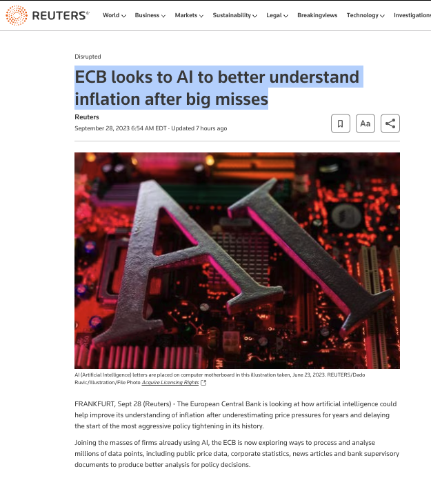 gaborgurbacs's tweet photo. ECB looks to AI to better understand inflation after big misses. I am no AI, but I am reasonably sure that the cause of inflation is the ECB printing money out of thin air. Wild guess, I know. lol https://t.co/fOncLUdcXq