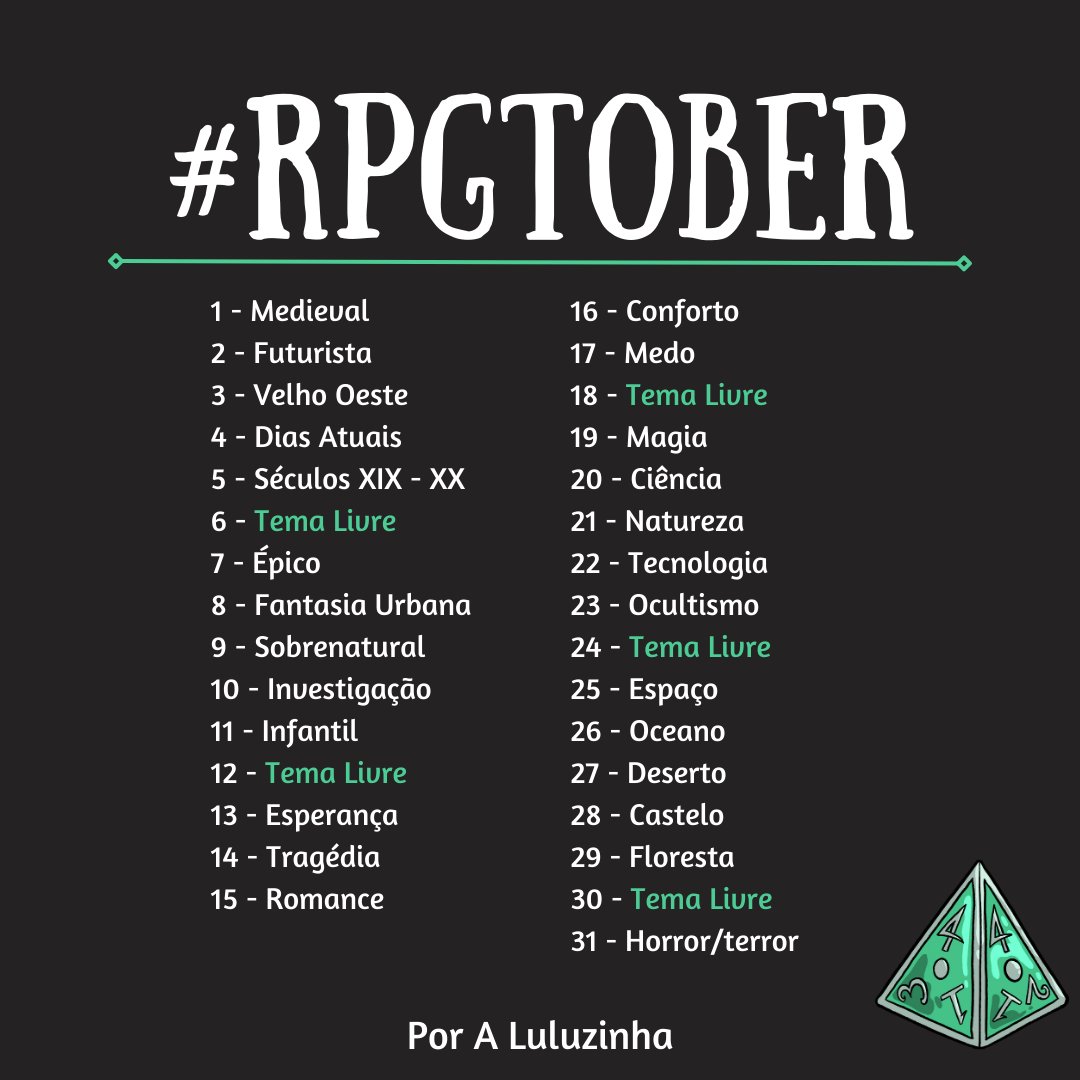 Outubro ta chegando e eu to aqui para apresentar a minha listinha do #RPGtober

Esse ano, eu farei vídeos curtos recomendando um sistema de RPG para cada tema nessa imagem!

Vocês também podem usar pra fazer desenhos, criar ideias de personagens, aventuras e outras coisas mais!