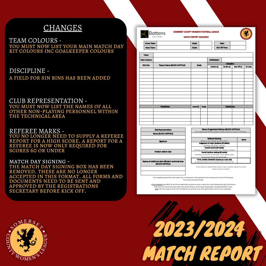 A gentle reminder 👈

A new matchday report has been issued to all club secretary's. A breakdown on the changes are listed below ⚽️