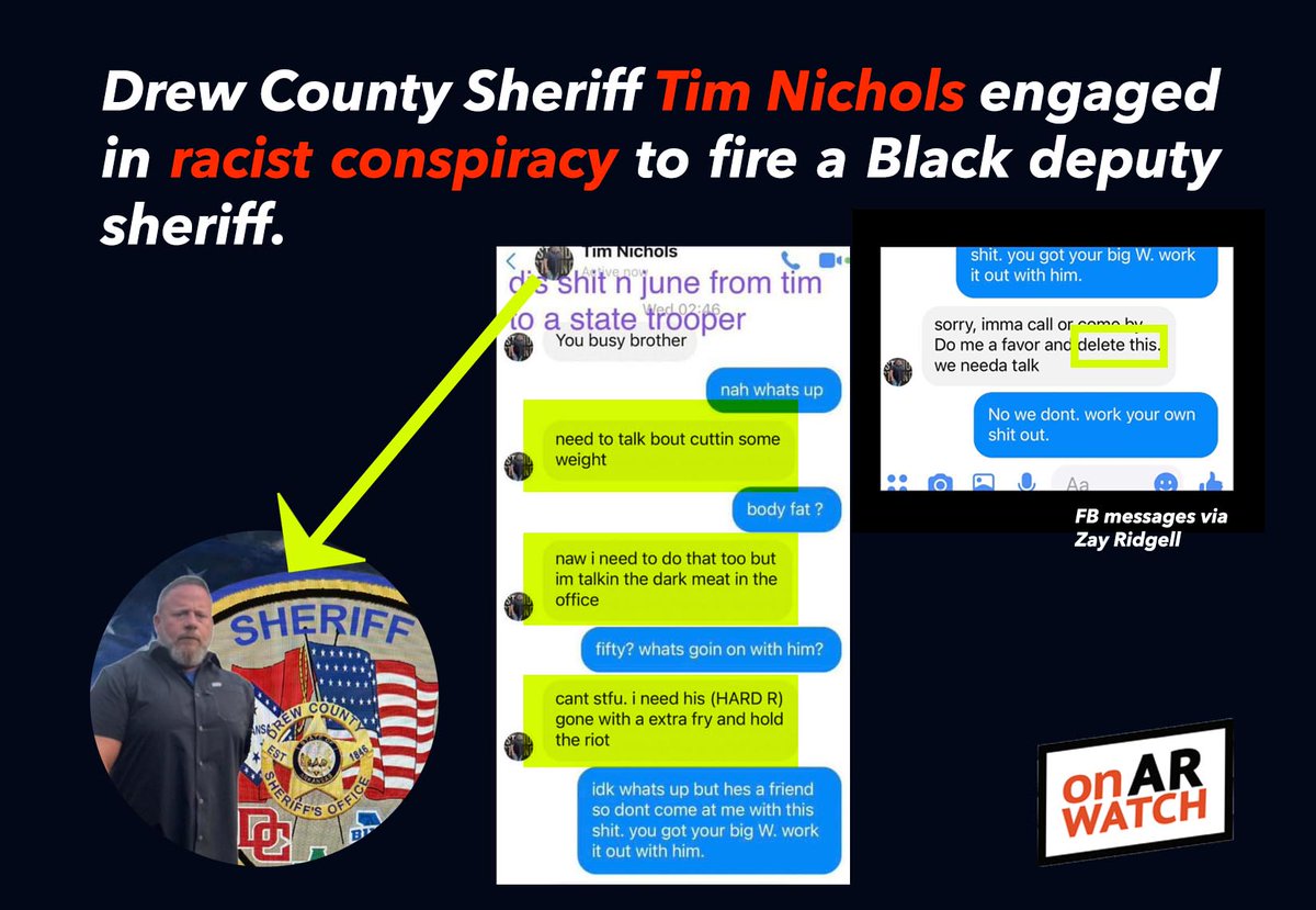 OnARWatch1's tweet photo. Breaking: FB messages show Drew County Sheriff Tim Nichols engaged in racist conspiracy to fire a Black deputy sheriff.

Local elections really matter, y’all. Stay tuned as we learn more. #arpx #onARwatch https://t.co/y5SFdGAqYf