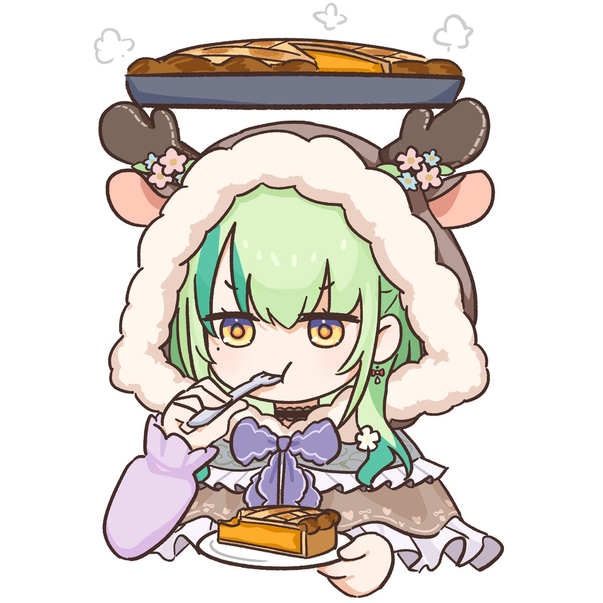 ceres fauna 1girl green hair antlers food eating mole under eye yellow eyes  illustration images