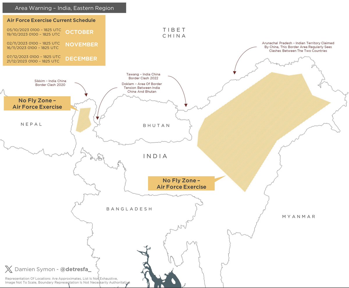 TheYouthPlus's tweet image. #AreaWarning #India issues a notification for an #IndianAirForce exercise over multiple eastern states bordering #China and others    

Exercise schedule  
5 &amp;amp; 19 October 2023 
02 &amp;amp; 16 November 2023 
07 &amp;amp; 21 December 2023
