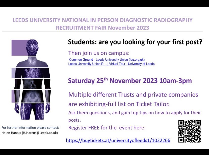 Calling all year 2&3 Diagnostic students. The next recruitment fair is here! On the university of Leeds campus. Click on the link to see what NHS trusts & companies are attending. Free attendance! Find your first post, or browse what’s on offer #diagnosticradiography #recruitment