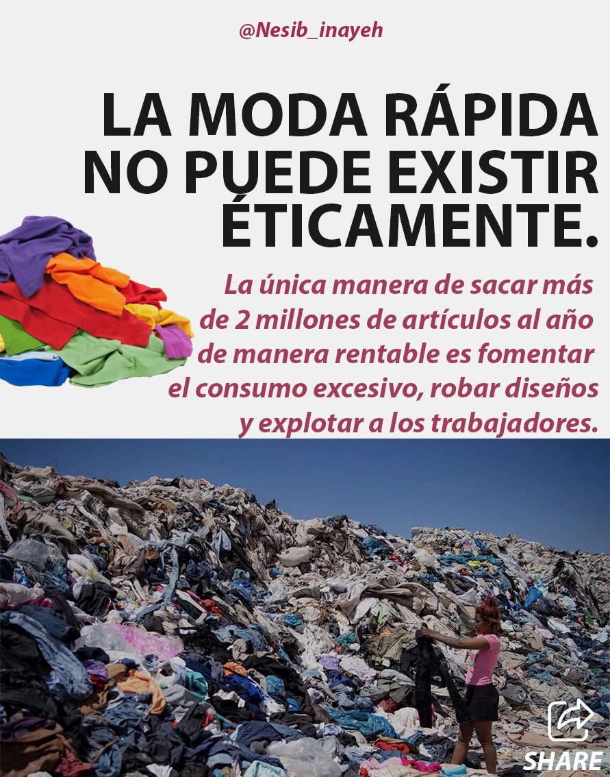 nesibig's tweet photo. La moda rápida ha disparado la cantidad de ropa que se produce, pero también la que se tira. 

La producción textil utiliza mucha agua, además de tierras para cultivar algodón y otras fibras. Se calcula que la industria textil y de la confección mundial utilizó 79.000 millones de metros cúbicos de agua en 2015, mientras que las necesidades de toda la economía de la UE ascendieron a 266.000 millones de metros cúbicos en 2017. Para elaborar una sola camiseta de algodón, las estimaciones indican que se necesitan 2.700 litros de agua dulce: la cantidad de agua que una persona bebe en dos años y medio.