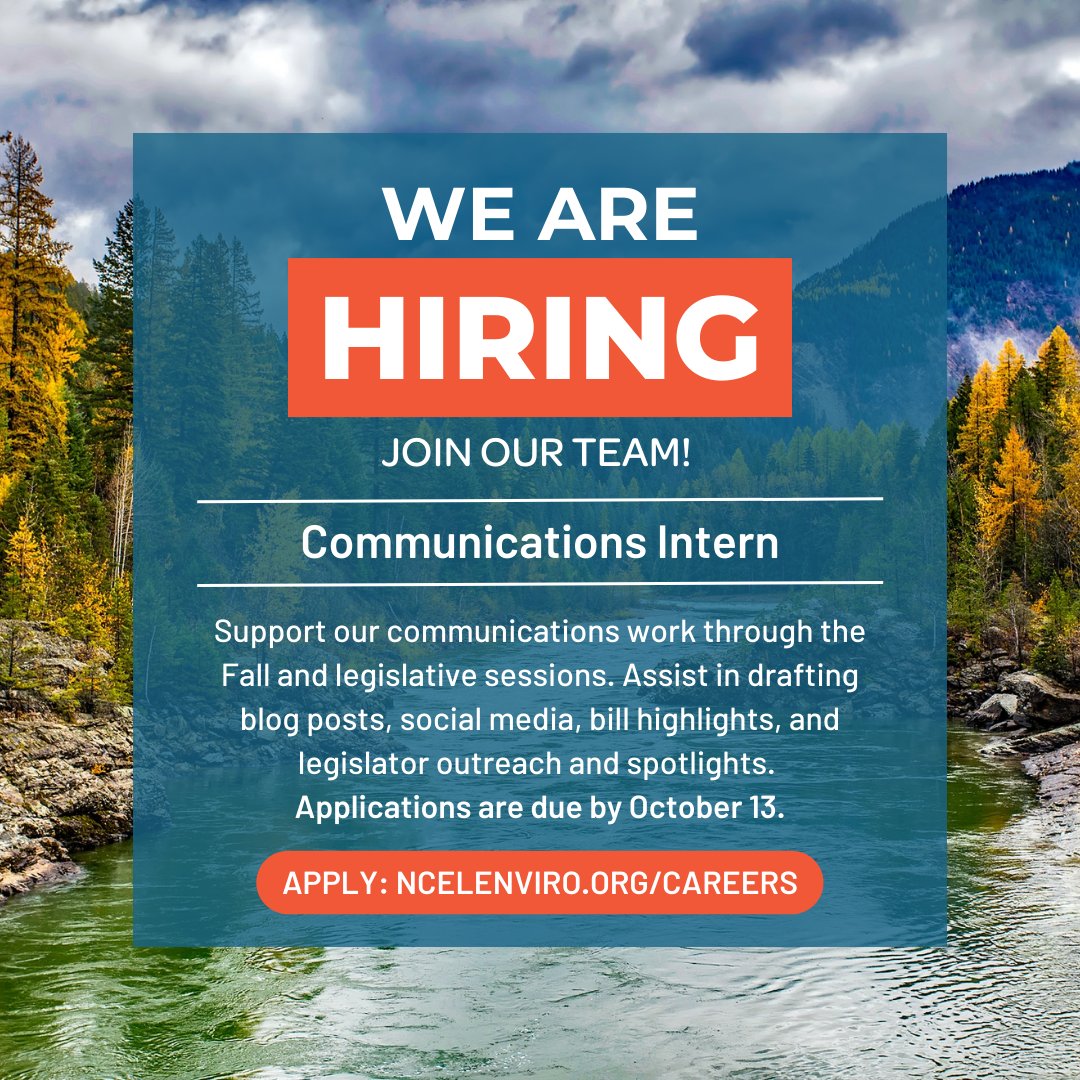 Come join NCEL's Comms Team! 

We are currently #hiring an intern to support our communications work through the Fall &amp; legislative sessions. You'll assist in drafting blogs, social media, bill highlights, and legislator spotlights.

Apply by Oct. 13: ncelenviro.org/careers/