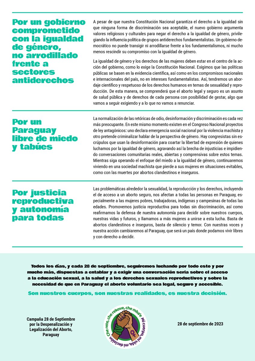 CmpParaguay's tweet photo. Decidir es nuestro derecho. Aborto legal y seguro es justicia reproductiva.

#28S #C28Py #AbortoLegalYa https://t.co/FpZ2o3YG3L