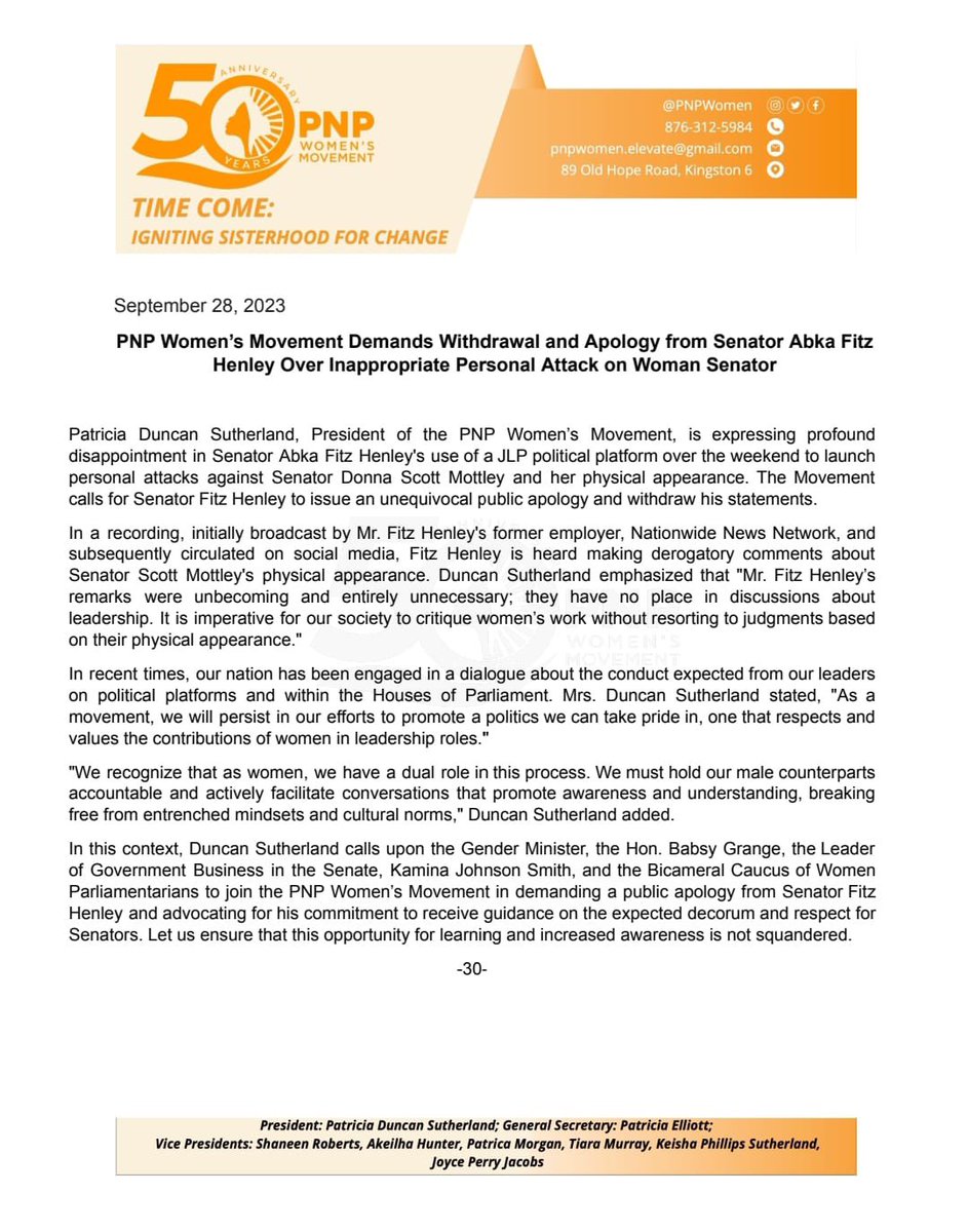 <a href="/PNPWomen/">The PNP Women's Movement 🇯🇲</a> demands withdrawal and apology from Senator Abka Fitz Henley over inappropriate personal attack on Woman Senator.
