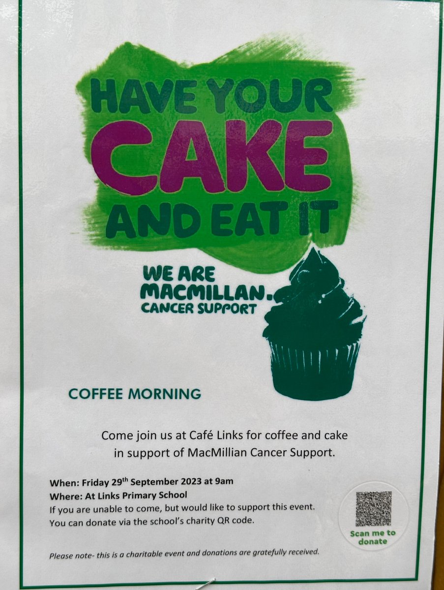 Links Primary is hosting a coffee morning to raise funds for <a href="/macmillancancer/">Macmillan Cancer Support</a>. Come and buy a ☕️ and a 🍰 at Cafe Links, Friday 29th September 9am-10am. 
#spreadtheword #allourwelcome
#welovecake