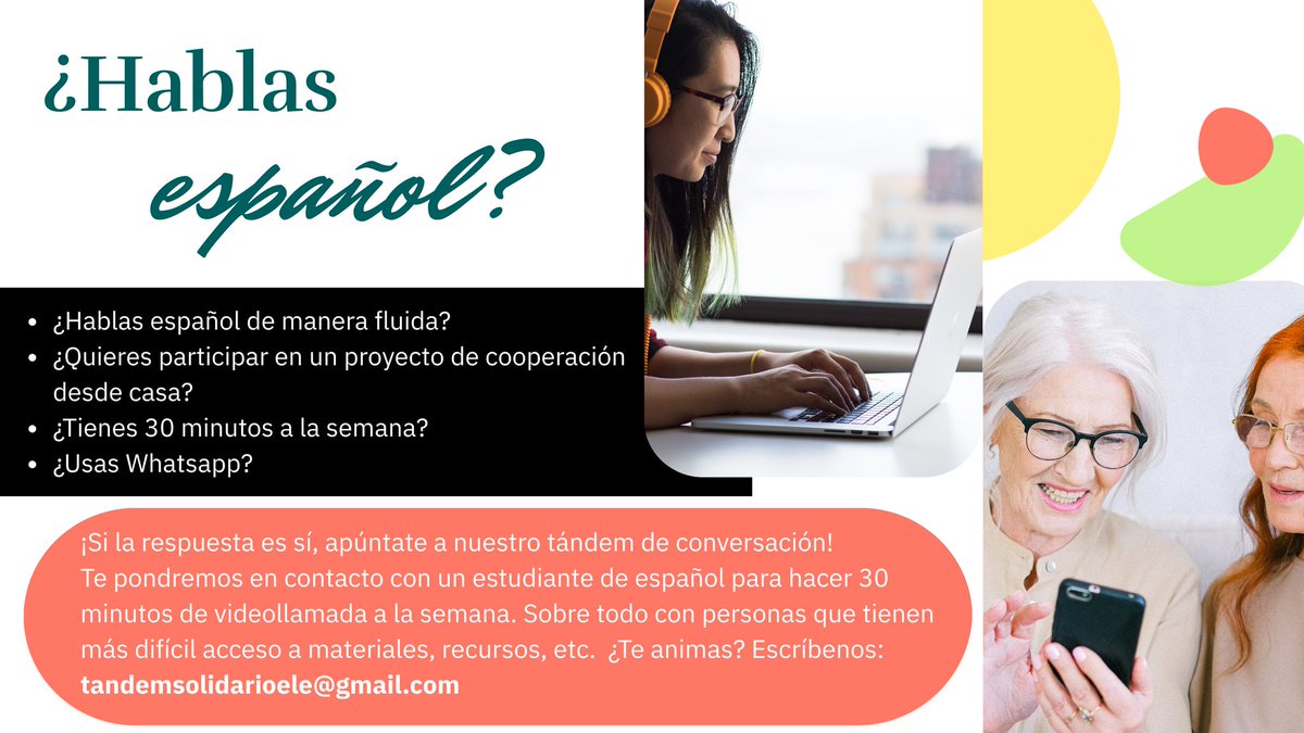 ¿Tienes media hora a la semana?
Buscamos personas que hablen español y quieran ser voluntarias para charlar un rato a la semana con estudiantes de diferentes países como Costa de Marfil, Togo, Ucrania, Camerún...
Regístrate aquí⬇️
forms.gle/5RegRG16SBMsp5…
#solidaridadELE

RT porfa
