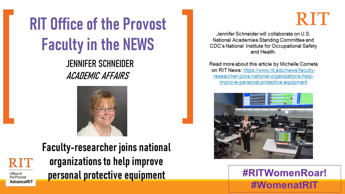 Women in News: Jennifer Schneider who works in the Office of the provost, will be collaborating with the CDC to help improve personal protective equipment. All of these news stories can be found on RIT University News
#RITWomenRoar #WomenofRIT
