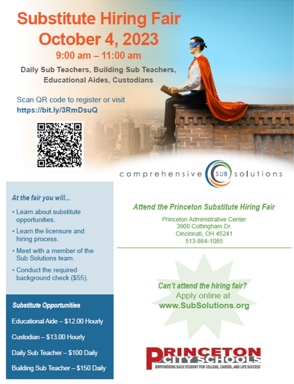 At Princeton City Schools, our partner Hamilton County ESC Comprehensive Sub Solutions will join us on October 4th for a Substitute Hiring Fair. We're looking forward to connecting with interested candidates! #AAGV