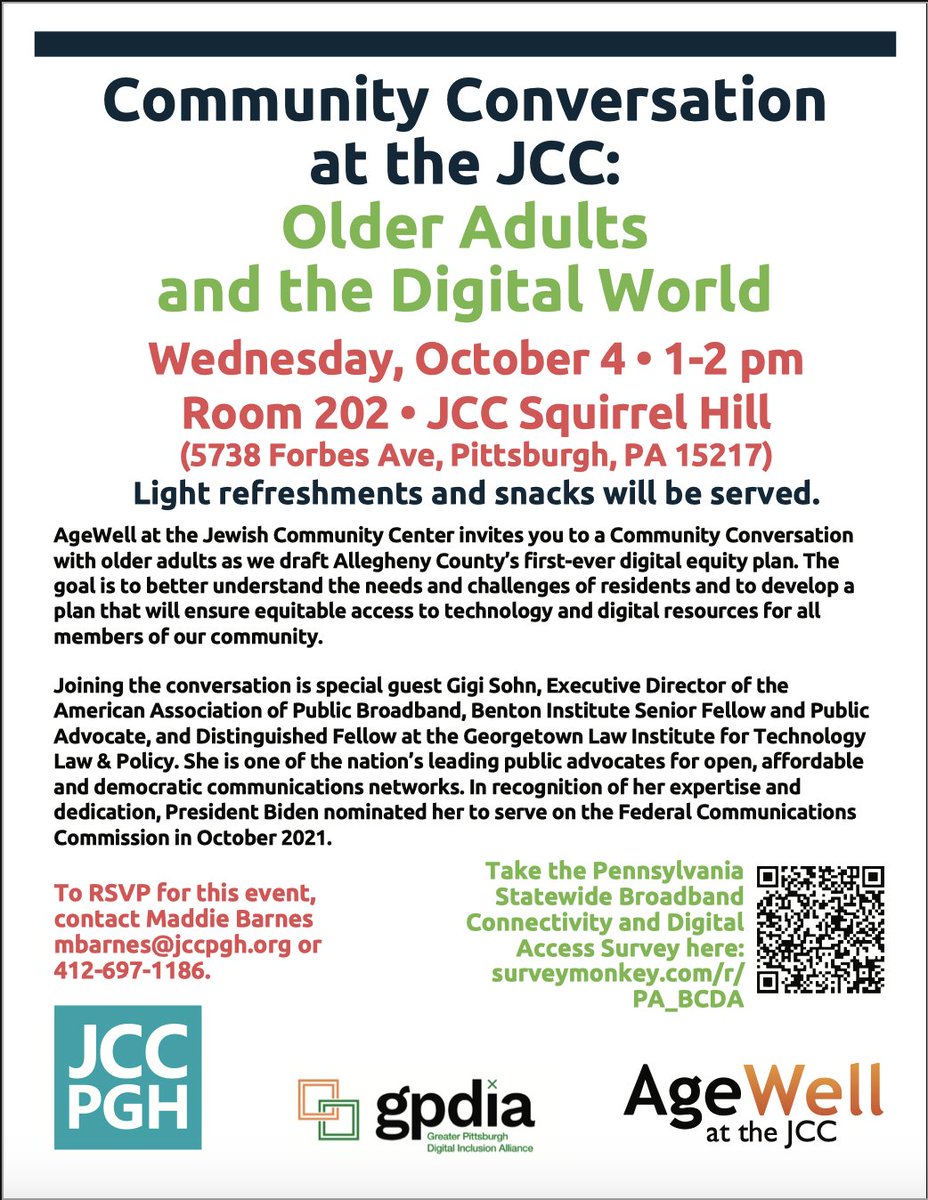 AgeFriendlyPGH's tweet photo. Our friends at AgeWell &amp; @DigitalAllies want your input on Allegheny County's 1st ever digital equity plan! Don't miss the community conversation at the JCC next Wednesday at 1pm. To RSVP contact email mbarnes@jccpgh.org or call 412-697-1186. https://t.co/g0iSNKpiK0