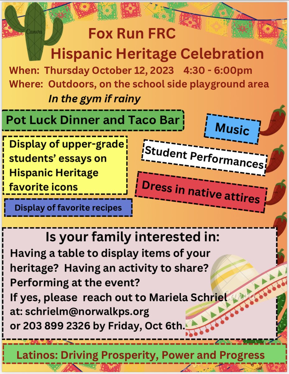 FoxRunES_CT's tweet photo. Fox Run will have a Hispanic Heritage evening on 10/12/23 from 4-6:30 PM.  We hope you can join us! https://t.co/BAdqBW4QYT