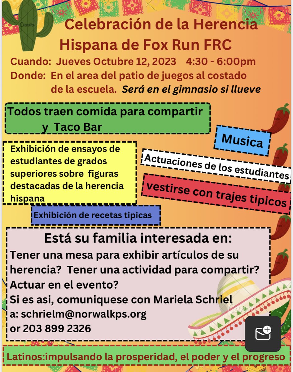 Fox Run will have a Hispanic Heritage evening on 10/12/23 from 4-6:30 PM. We hope you can join us!