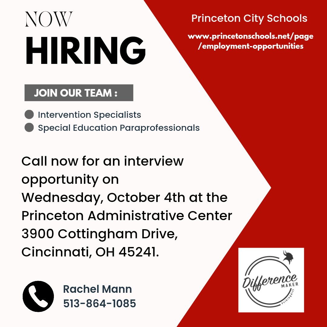 Princeton City Schools will be holding interviews for Intervention Specialists and Special Education Paraprofessionals on Wednesday, October 4th. Call (513) 864-1085 to schedule an interview. Also, check out our employment opportunities at princetonschools.net/page/employmen…
#AAGV