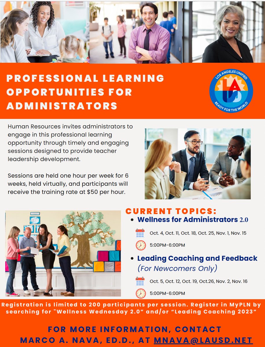 <a href="/LASchools/">Los Angeles Unified</a> administrators, please join us for these <a href="/LAUSDHR/">@LAUSDHR</a> professional learning opportunities. Please Register on MyPLN. Please forward to colleagues 😁 <a href="/LAUSDSup/">Alberto M. Carvalho</a> <a href="/LAUSDDepSupInst/">Dr. Karla V. Estrada</a> <a href="/hlowerlowe/">Heather</a> <a href="/purplenxp7/">Nery Paiz</a> <a href="/SerratoDr/">Frank J. Serrato</a>