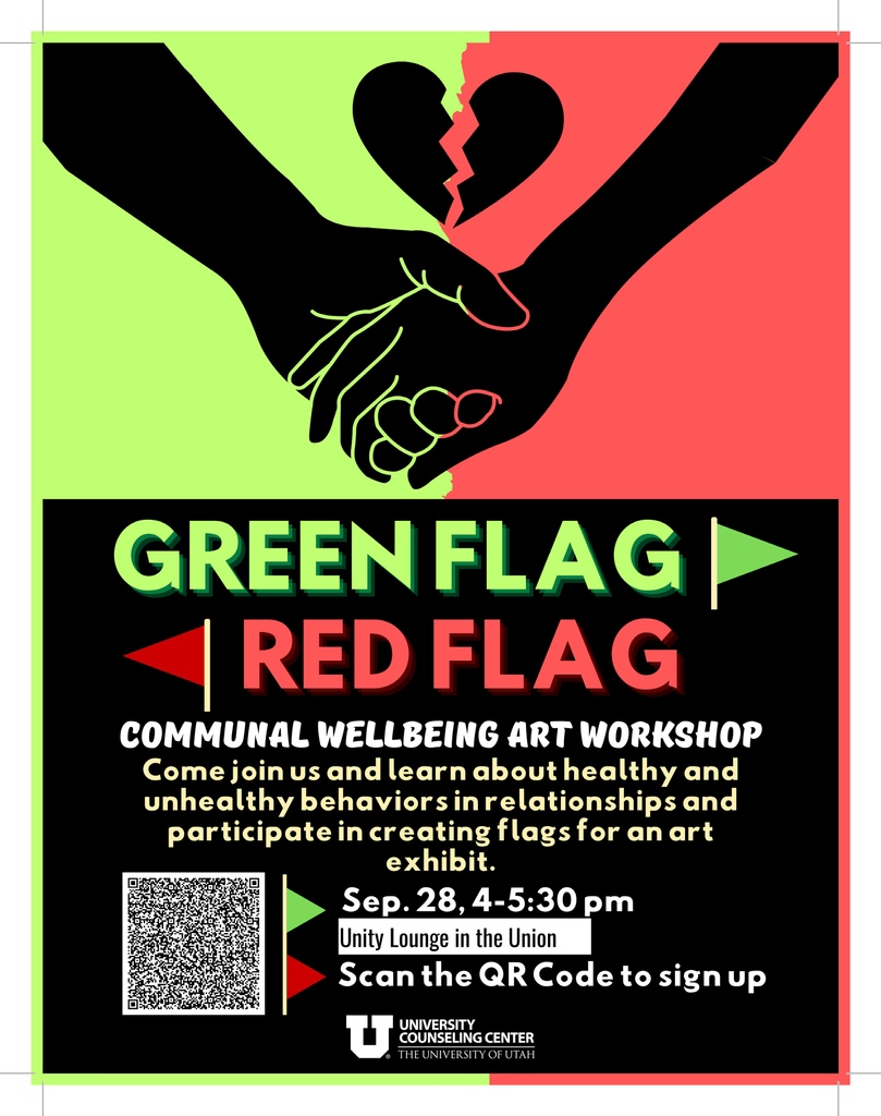 Are you looking to better understand healthy and unhealthy relationships? Join us TODAY for an upcoming workshop that will help you understand this topic better. You will contribute to a communal art project that will be shown outside the Union after fall break. Join us!