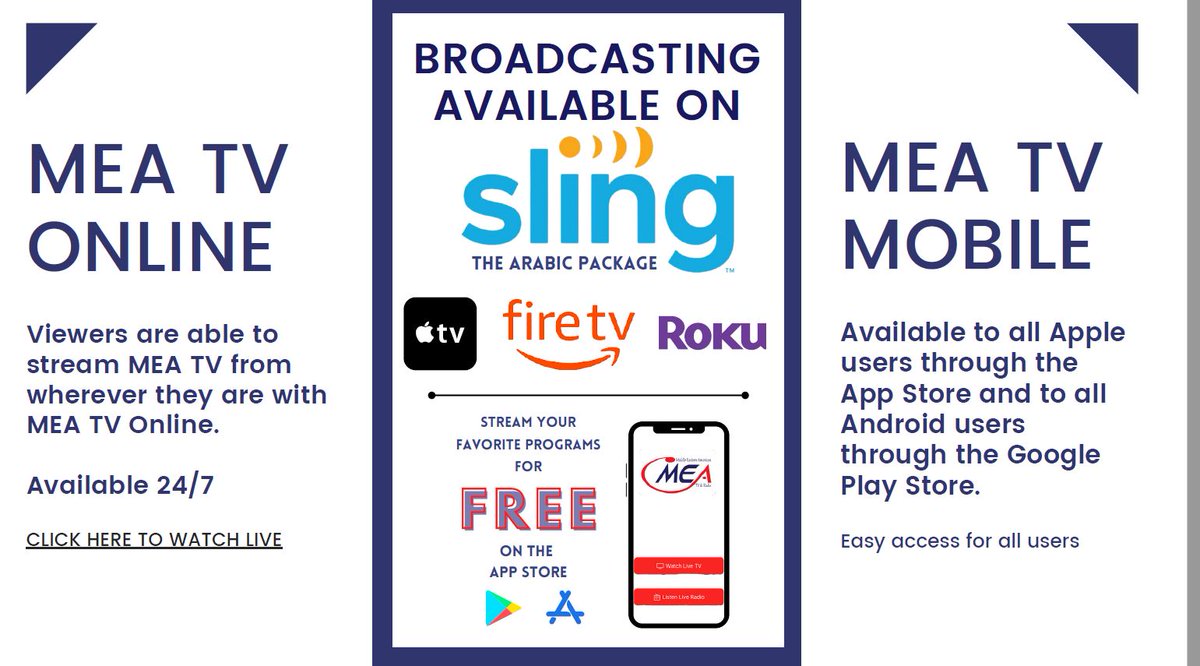 MEATV_Radio's tweet photo. 🌟MEA TV broadcasts on Sling the Arabic package, Roku, Firestick, and Smart TV. We post all our shows, interviews, and sponsor ads on all our social media platforms as well! 

Available to watch/listen every day 24/7🎬 https://t.co/KG3rBNQfTP