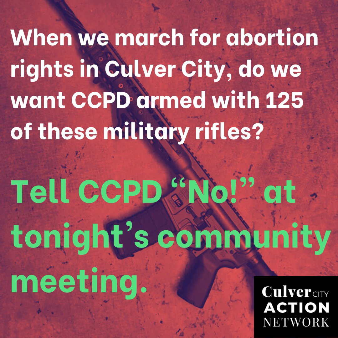 #CulverCity COMMUNITY MEETING TONIGHT 
@ 6:30pm
TOOLKIT HERE: docs.google.com/document/d/1cz…

CCPD wants reauthorization for its arsenal of military equipment. The only shots fired last year from their stockpile of 125 rifles killed an unarmed man experiencing a mental health crisis.