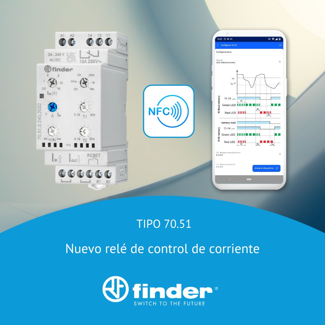 El nuevo 70.51 además de las funciones del dispositivo estándar, viene con tecnología #NFC.
Esta tecnología nos permite que todas las configuraciones del relé ahora se puedan programar directamente desde el móvil a través de la app. Conoce más en findernet.com/es/argentina/s…