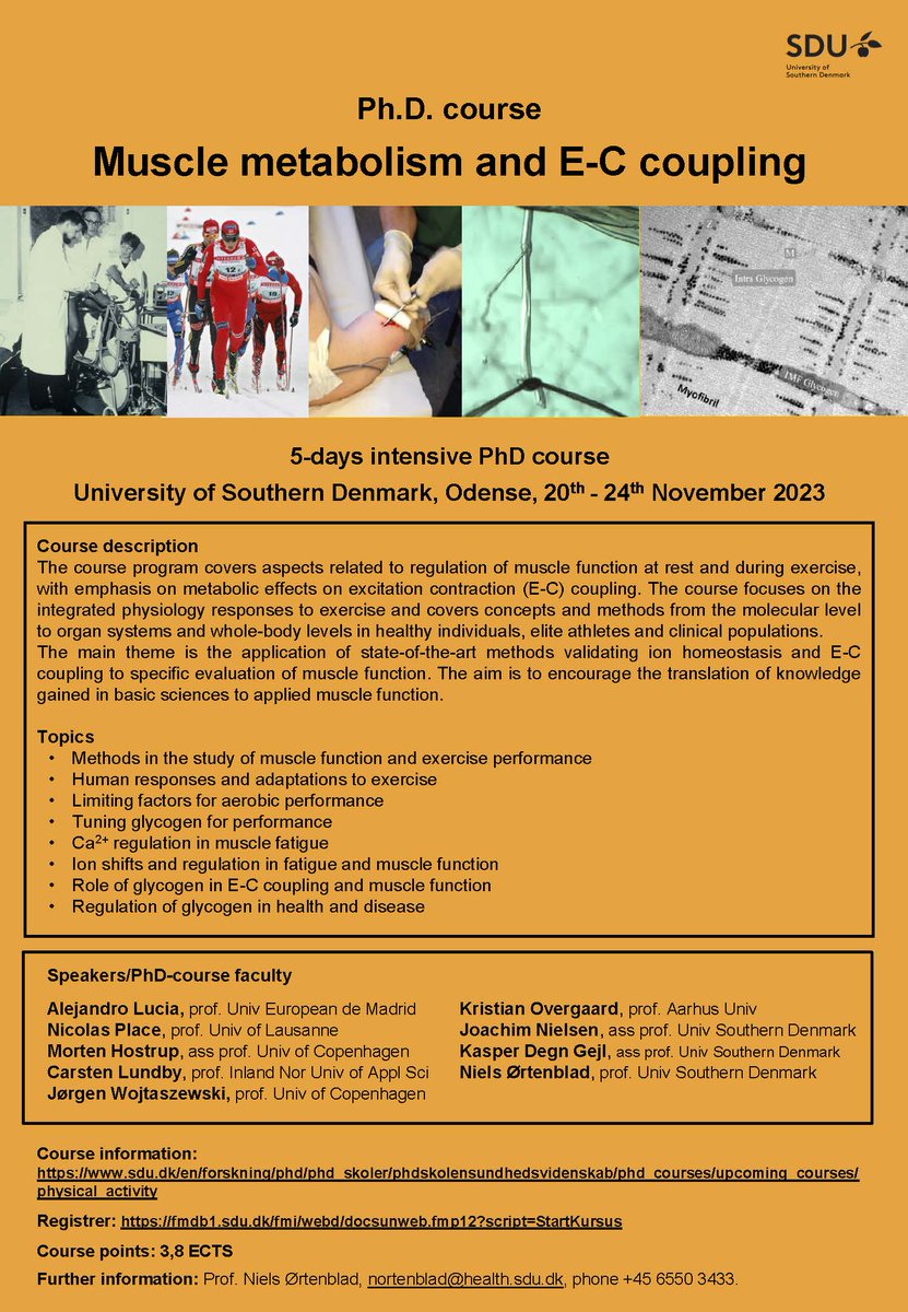 Inviting all #myotwitter! Join us in Denmark for an exciting PhD course with the experts Alejandro Lucia, Nicolas Place, Morten Hostrup, Carsten Lundby, Jørgen Wojtaszewski, and Kristian Overgaard. It's an intensive course with opportunities for in-depth research discussions.