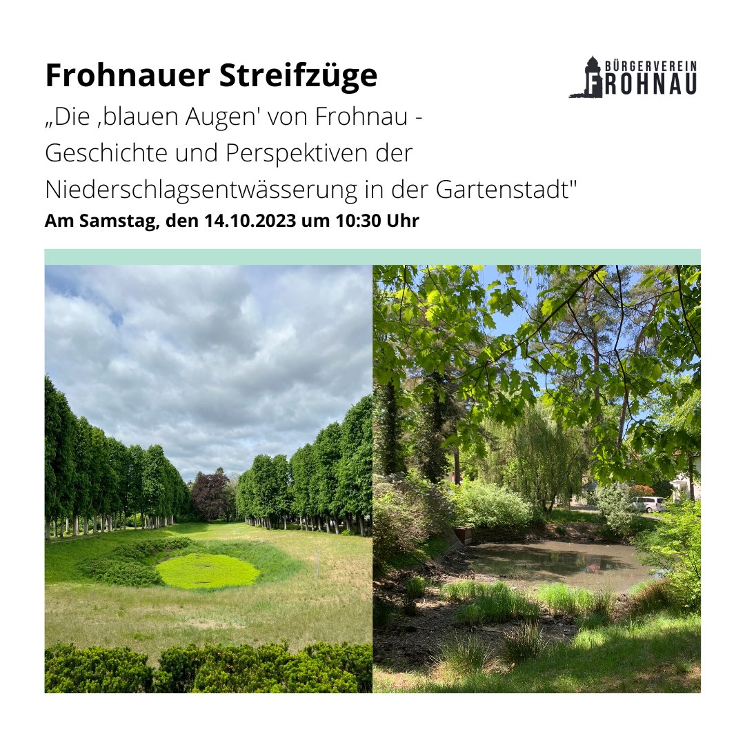 Der Bürgerverein in der Gartenstadt #Frohnau zum Rundgang „Die blauen Augen von Frohnau - Geschichte und Perspektiven der Niederschlagsentwässerung in der Gartenstadt“ am 14.10. ein. Anmeldung: streifzug-blaue-augen@buergerverein-frohnau.de
lnkd.in/ebaKXJNf #Schwammstadt