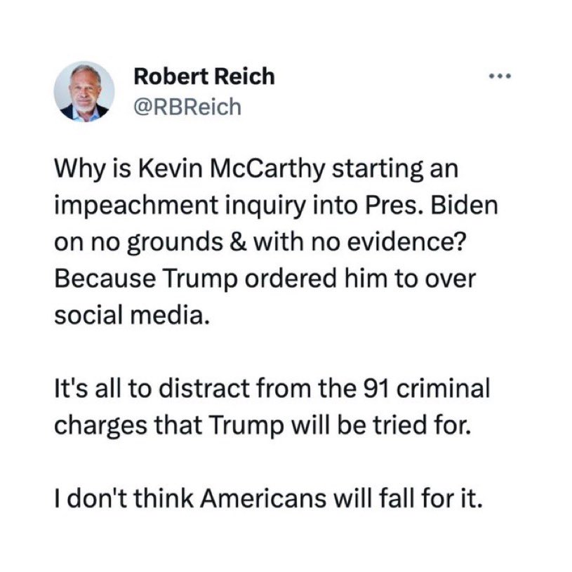 jerrieskid's tweet photo. Why are Jim Jordan, James Comer, and House Republicans starting a sham #impeachmentinquiry into President Joe Biden without any facts and evidence to support their baseless claims? Because Donald Trump ordered his extreme MAGA Republicans to do so as a distraction from his 4 indictments and 91 criminal charges.