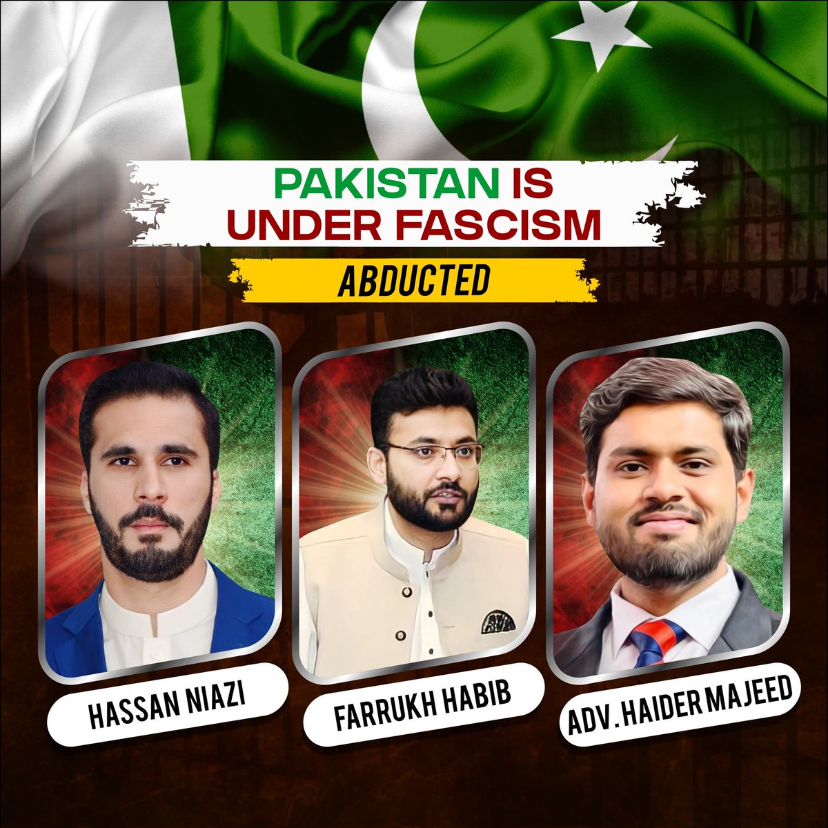 WaqarAhmedGujar's tweet photo. وطن سے الفت ہے جرم اپنا
 یہ جرم تا زندگی کریں گے​
ہے کس کی گردن پہ خونِ ناحق
 یہ فیصلہ لوگ ہی کریں گے​

ان کا قصور یہ ہے کہ یہ چاہتے ہیں کہ پاکستان میں ائین و قانون کے مطابق فیصلے ہوں اس خواہش پر ان کو اغوا کر کے غائب کر دیا جاتا ہے 
#ReleaseFarrukh
#ReleaseHassan
#ReleaseHaider https://t.co/hYBMF2jQlG