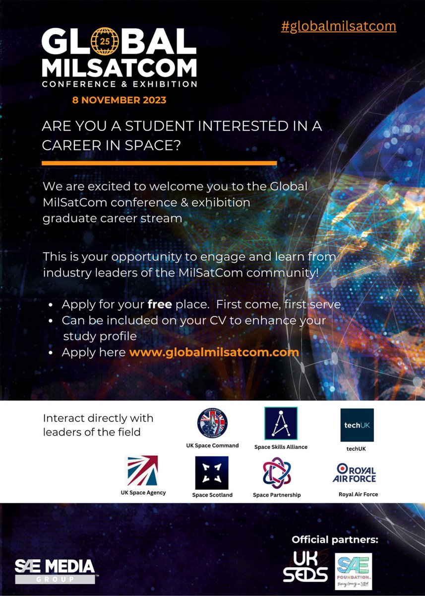 Interested in space? 🚀

Secure your ticket to the first ever FREE Graduate Career Stream at the Global MilSatCom Conference and Exhibition!

📣Applications are now open! First come, first serve basis
➡️ow.ly/5e9350PPxUP