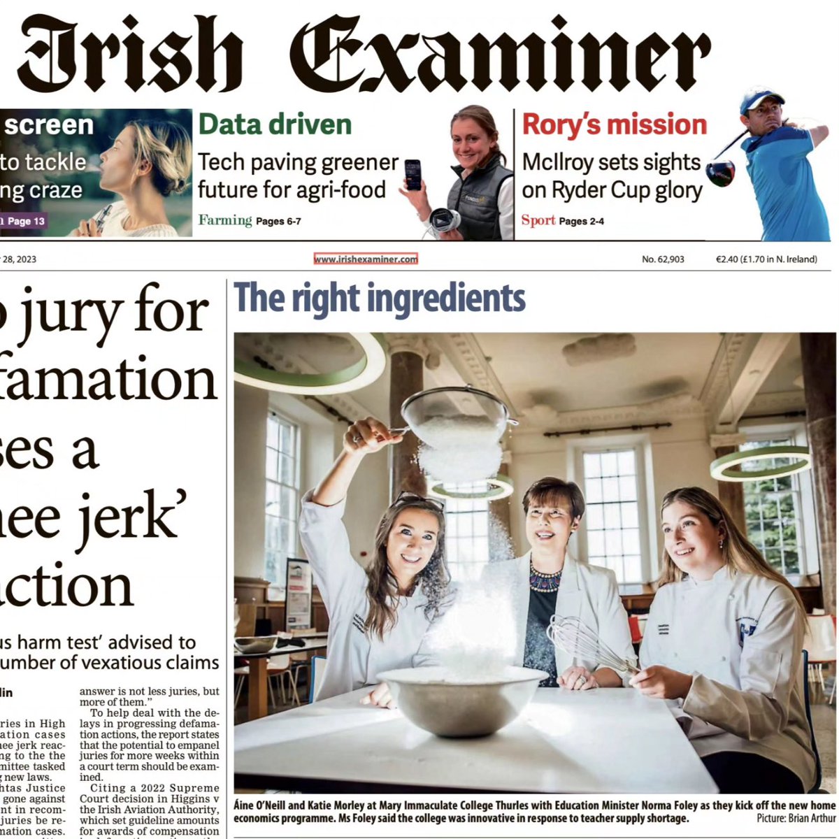 In today's @IrishTimes and @irishexaminer Students Áine O'Neill and Katie Morley of @MICLimerick Thurles with Minister @NormaFoleyTD1 as they prepared to bake to kick off the new Home Economics programme there, in response to teacher supply shortage