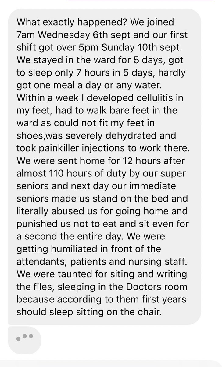 Indian__doctor's tweet photo. Brutal Torture with female Surgery Resident Doctor
at VMMC ,Safdarjung hospital by Seniors!

★No 1st yr should be found sitting today
★I was abused , made to work for 110 hours of continuous duty till cellulitis developed in my feet&amp; yet were not allowed to sleep⤵️ 
#medTwitter https://t.co/35Cdf8ytu1
