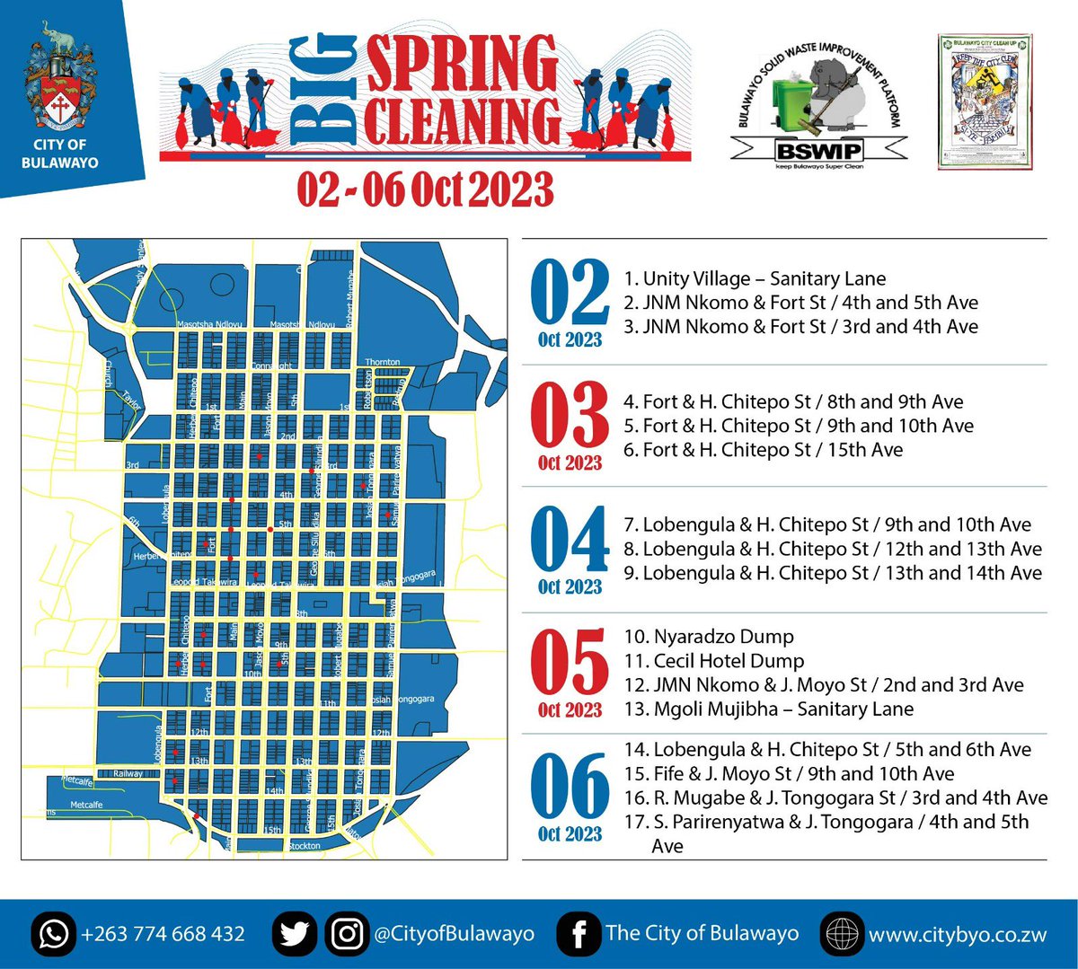 CityofBulawayo's tweet photo. Sites for the Spring Cleaning campaign in the Central Business District. Please let us know if you would like to assist or take part in this programme. #SpringCleaning2023. https://t.co/oc9Alk4Mom