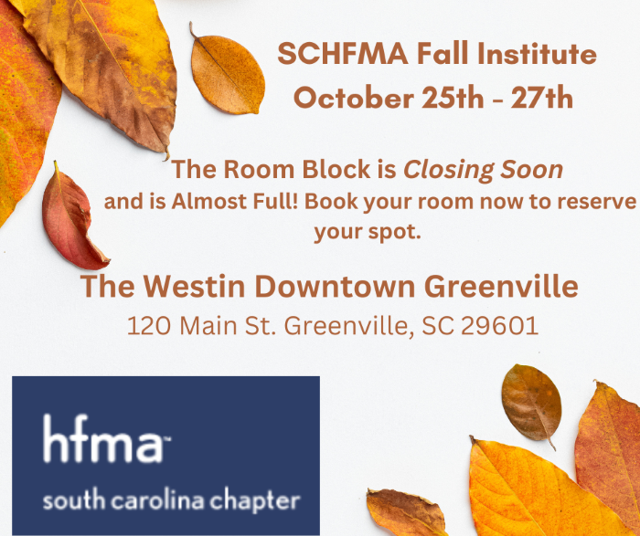Room block for SC HFMA is almost full &amp; closing soon. 
See links below to register and reserve your room today!
Event Registration : lnkd.in/g8GDT9EE

Hotel Accommodations: lnkd.in/g7zKZDcB

Sponsorship: lnkd.in/e58Svc43